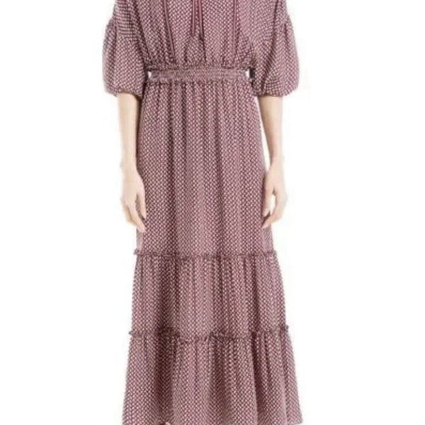Max Studio Burgundy Geometric Maxi Dress Puff Sleeve Tie Neck Smocked Size S