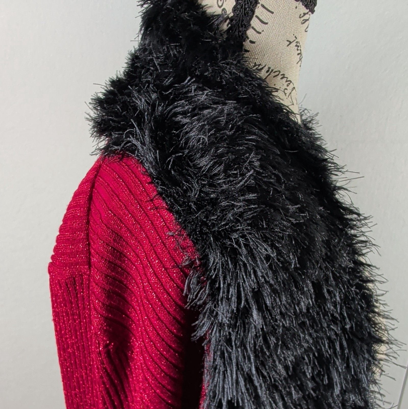 Lauren Michelle Red Black Knit Open Front Faux Fur Trim Cardigan Sweater XL 7
