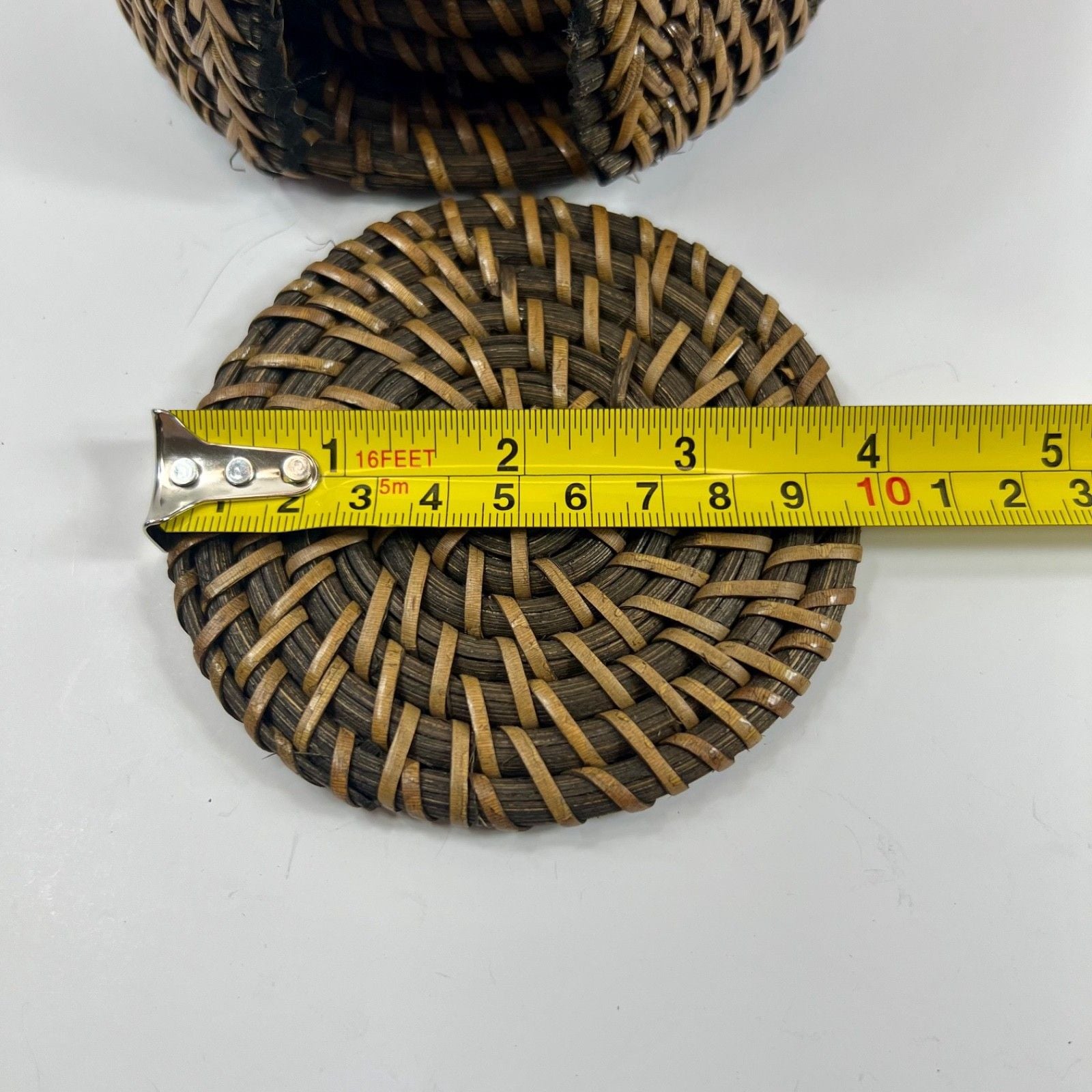 Set of 7 Brown Rattan Woven Wicker Round 4" Coasters with Storage Basket Boho 9