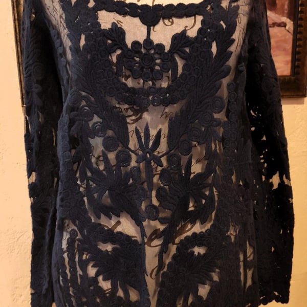 Beautiful Origami Vivian Navy Blue Boho Western Crochet Sheer Lace Overlay Sz M