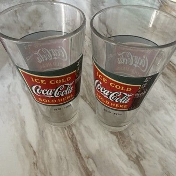 Coca-Cola Ice Cold Coca-Cola Sold Here Sticker Glasses (2) 1920-1929 Clear