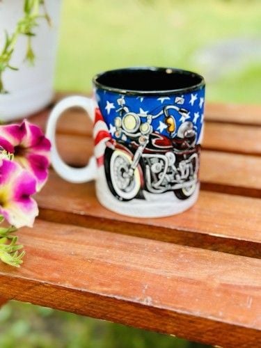 VTG NOS Great Gift For Bikers Coffee Mug With Motorcycle & The American Flag 4”T 7