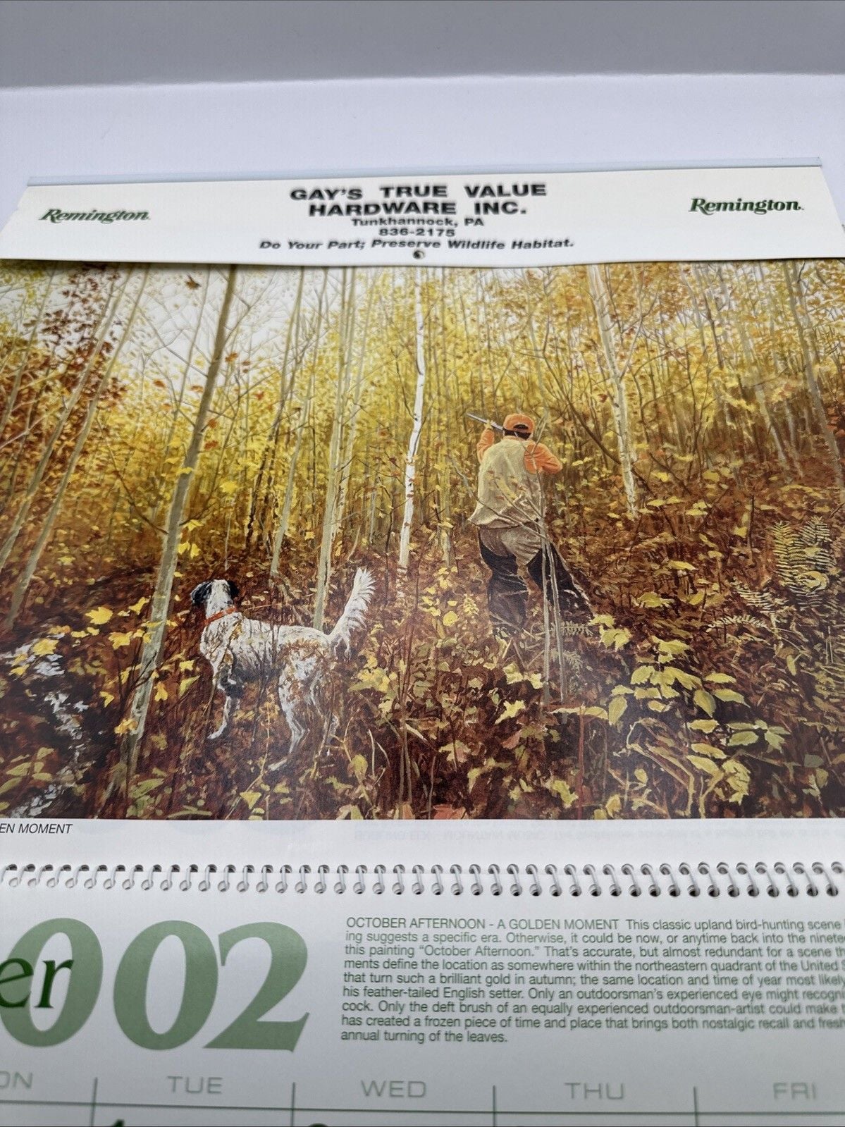 Vintage 2002 Remington Hunting Calendar Gays True Value Tunkhannock Pa Deer 7