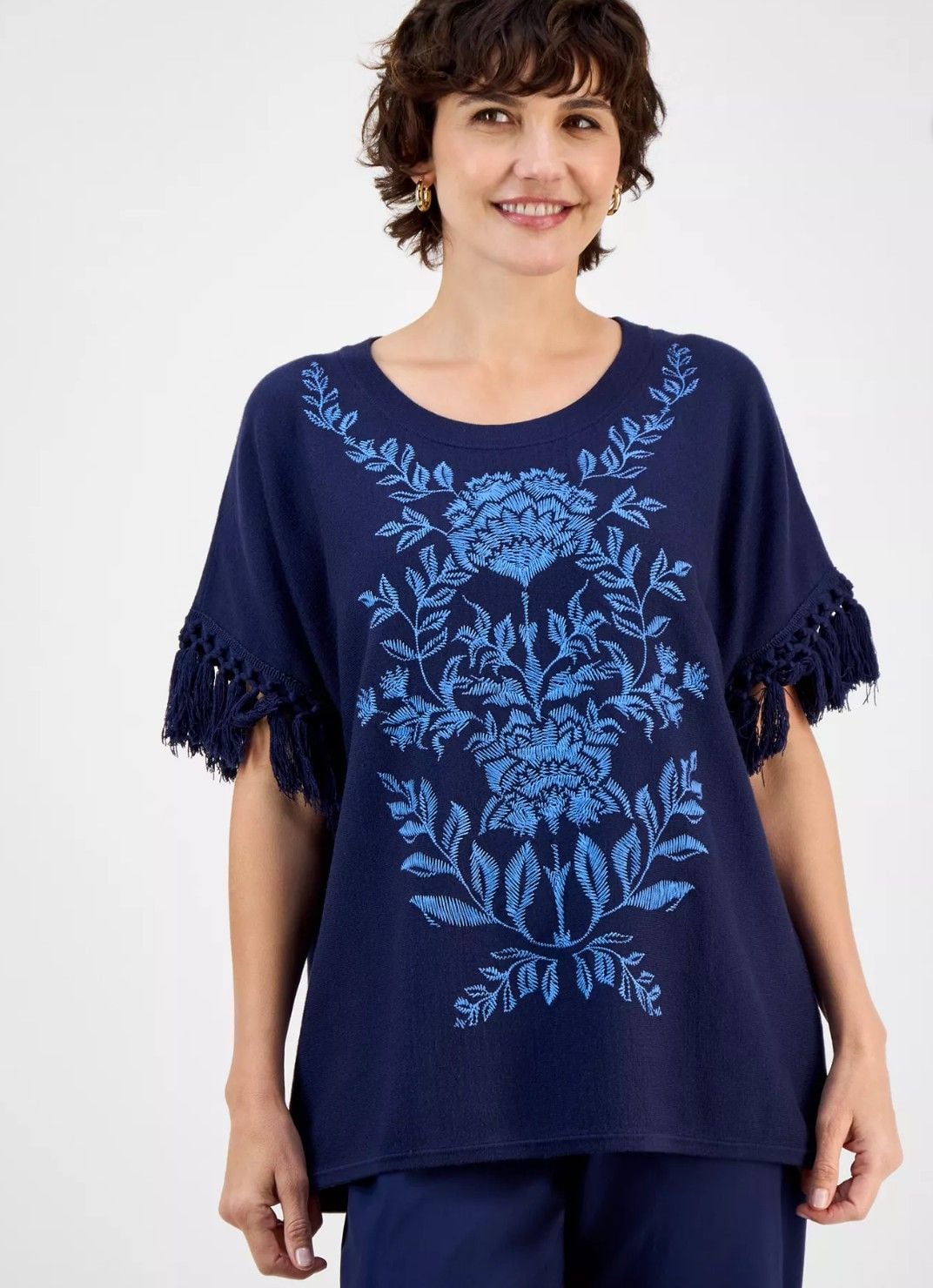 JM Collection Luxe Blooms Women's Embroidered Top Navy Blue Size M NWT 10