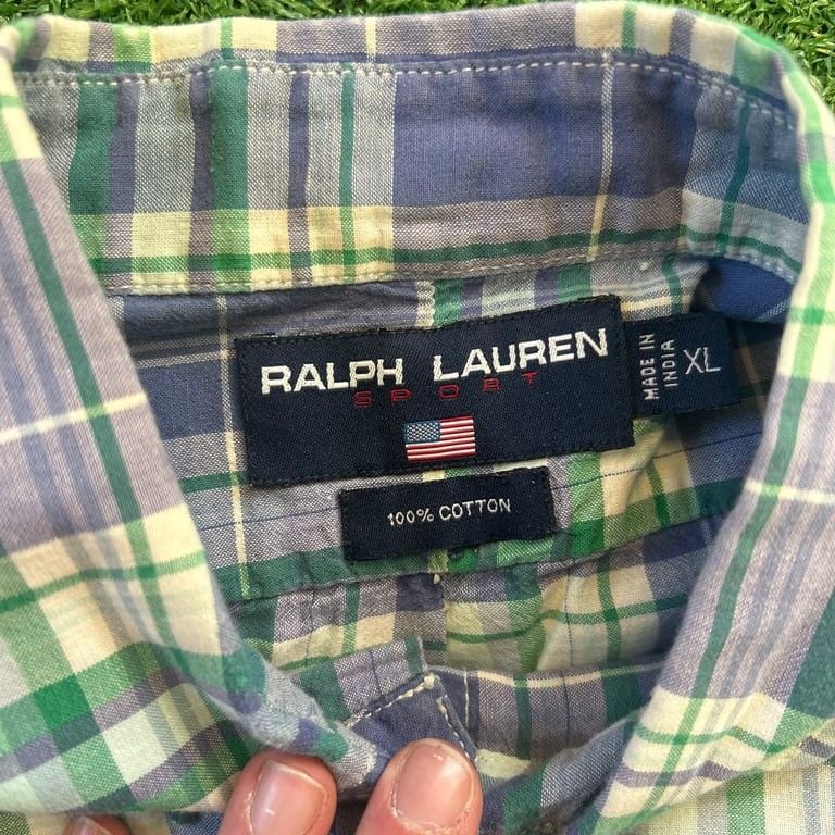 Ralph Lauren Sport Plaid patterned green and blue Short Sleeve button up dress Shirt 4
