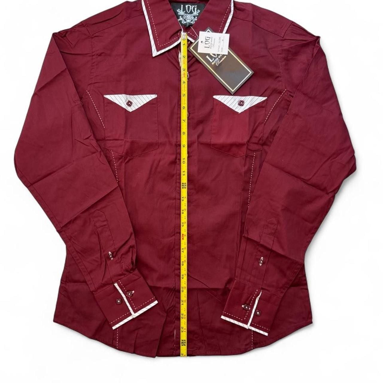 Log wear men’s Maroon/Burgundy long sleeve button up shirt with white piping and diamond-shaped chest pockets size medium dimensions are in the pictures Brand new with tags 3