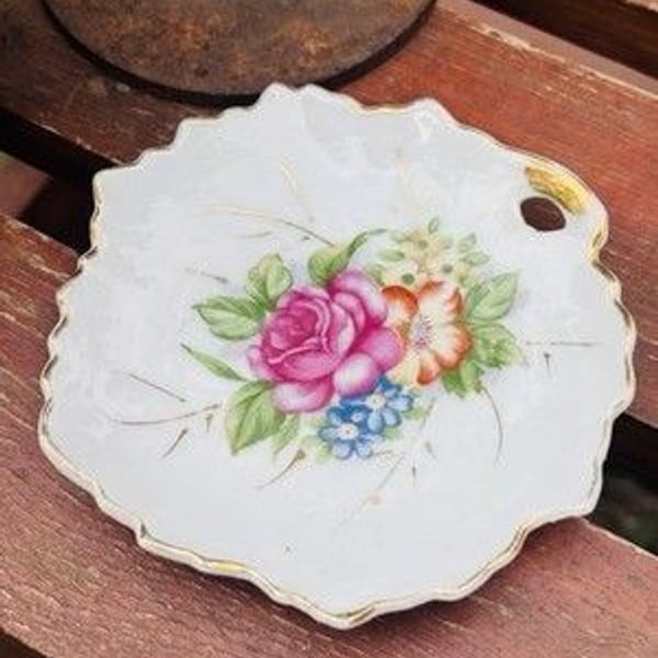 Vintage Noritake Porcelain Floral Trinket Dish w/ Gold Trim & Thumb Handle
