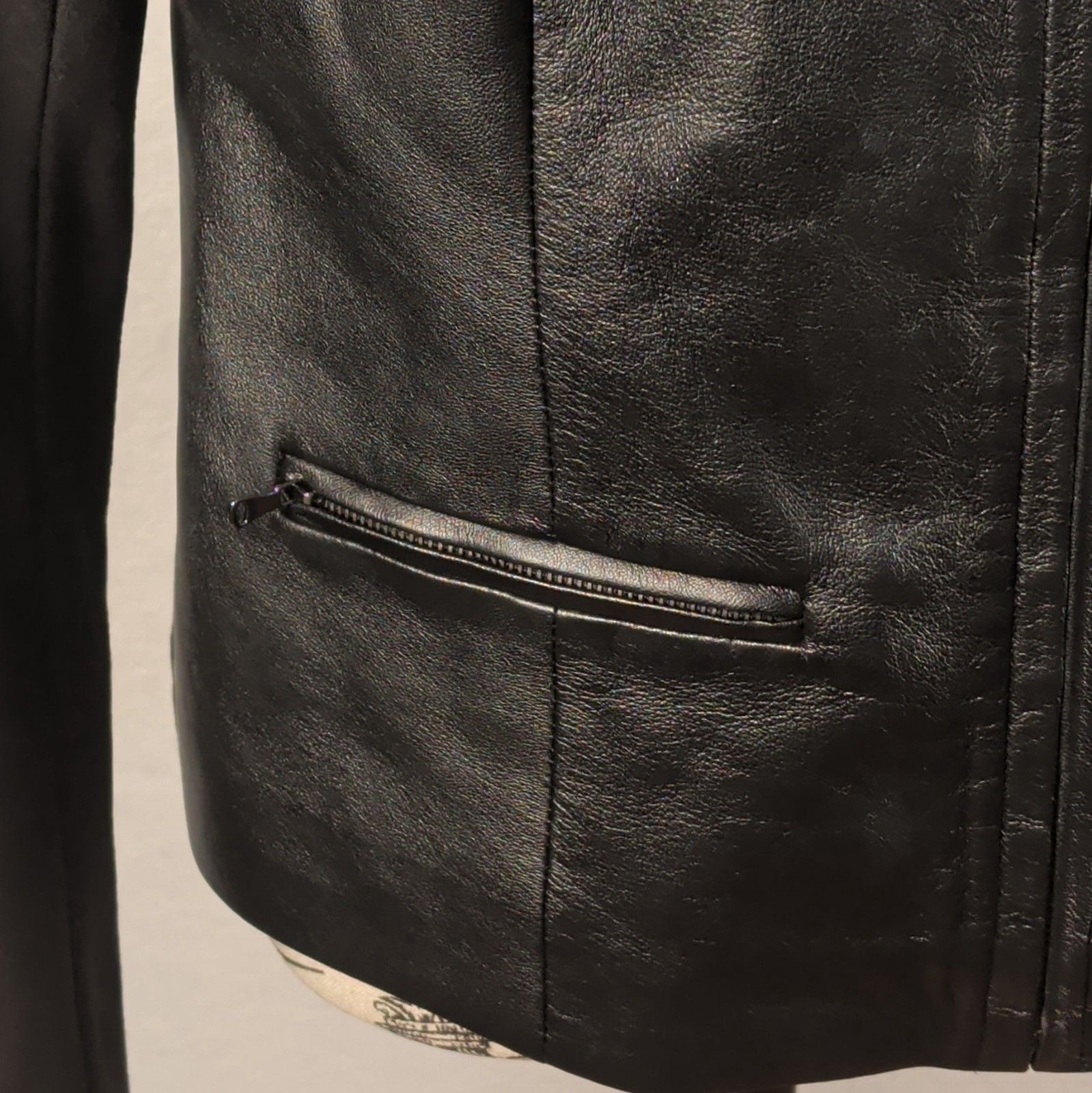 Talbots Petites Womens Black Leather Zip Front Jacket Collared Pockets 8P 6
