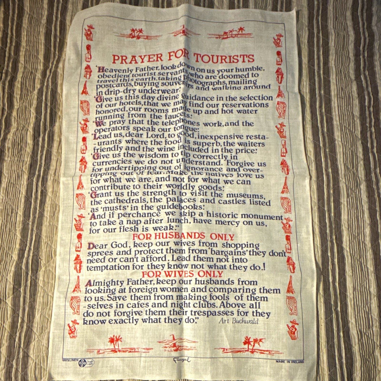 Prayer for Tourists Linen Tea Towel White Red Blue Made in Ireland Vintage 1
