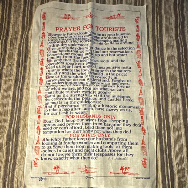 Prayer for Tourists Linen Tea Towel White Red Blue Made in Ireland Vintage