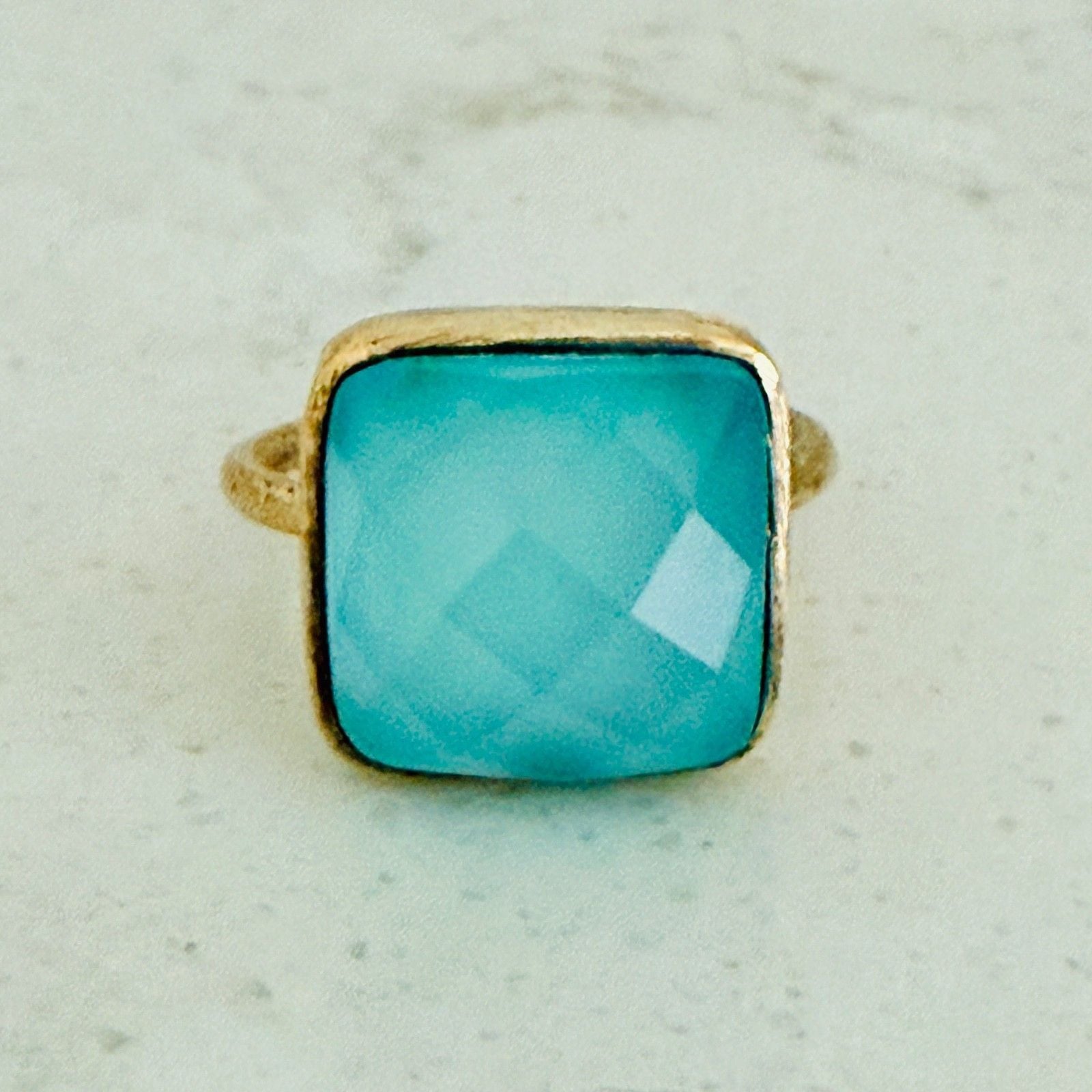 925 Sterling Silver Gold Vermeil Aqua Chalcedony Cushion Cut Statement Ring | Fa 9