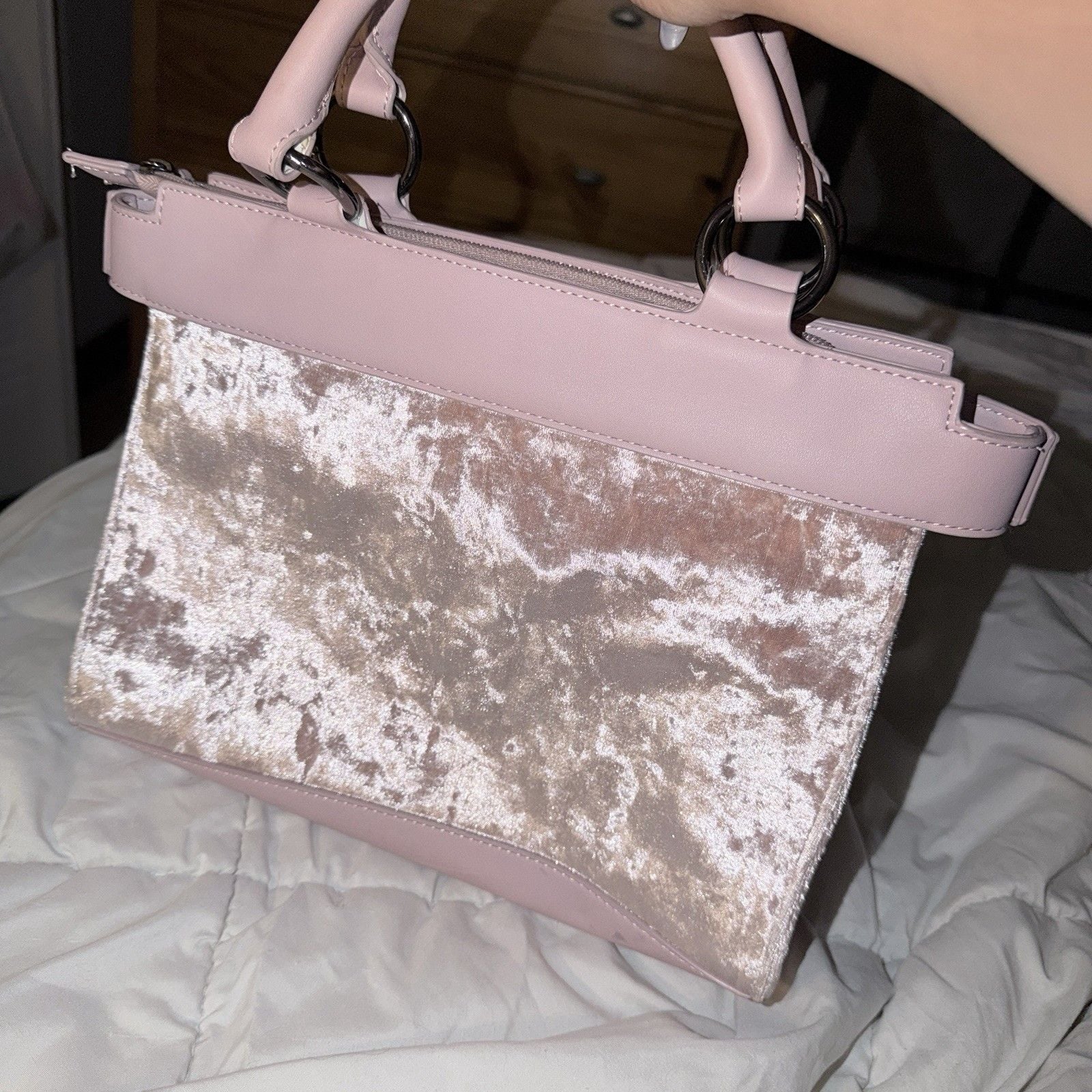 T-Shirt & Jeans Satchel Pink Crushed Velvet Black Embroidered Whimsygoth Bag 3