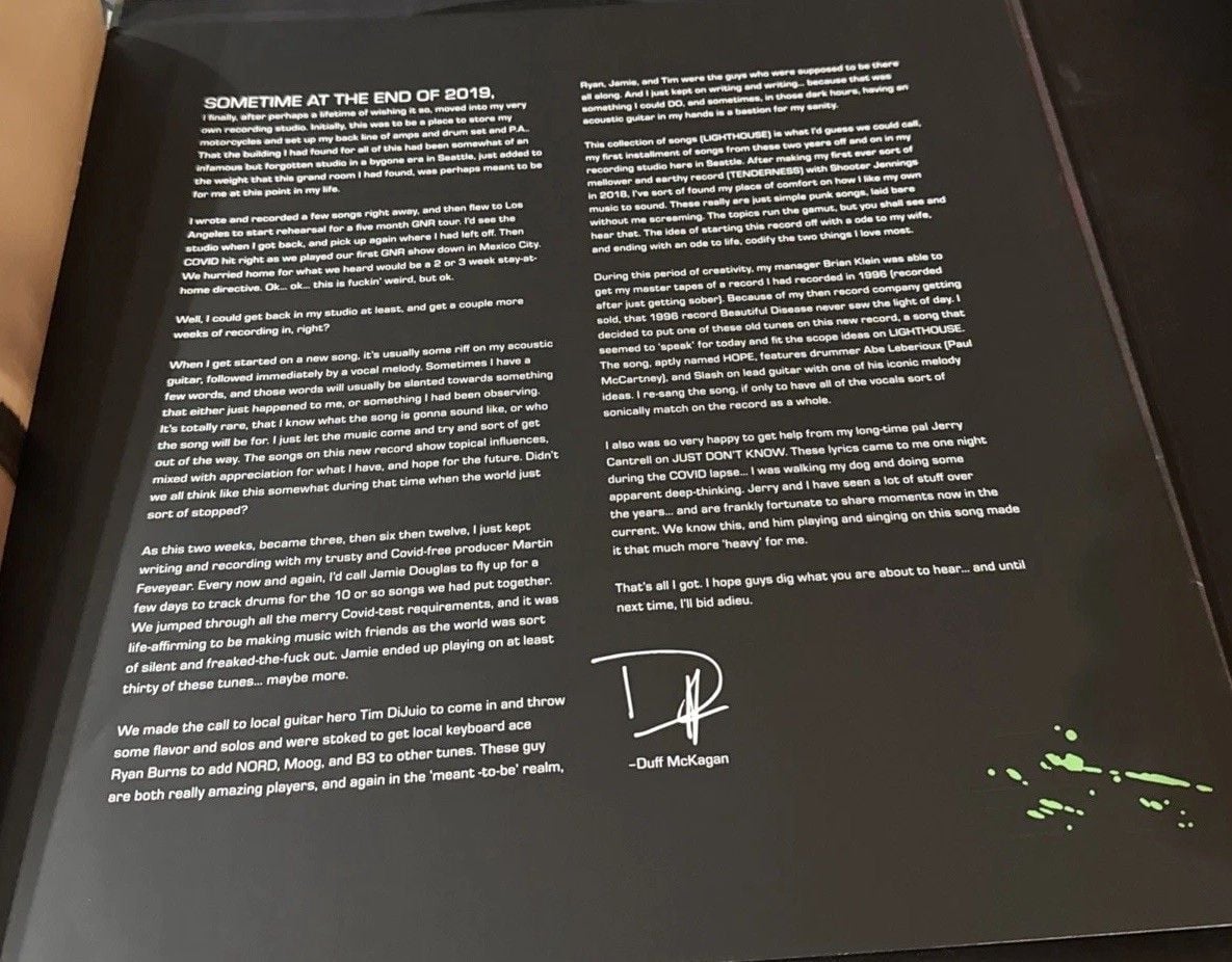 Duff McKagan Lighthouse GREEN VINYL LP /300 SIGNED COA Limited Guns N Roses 8