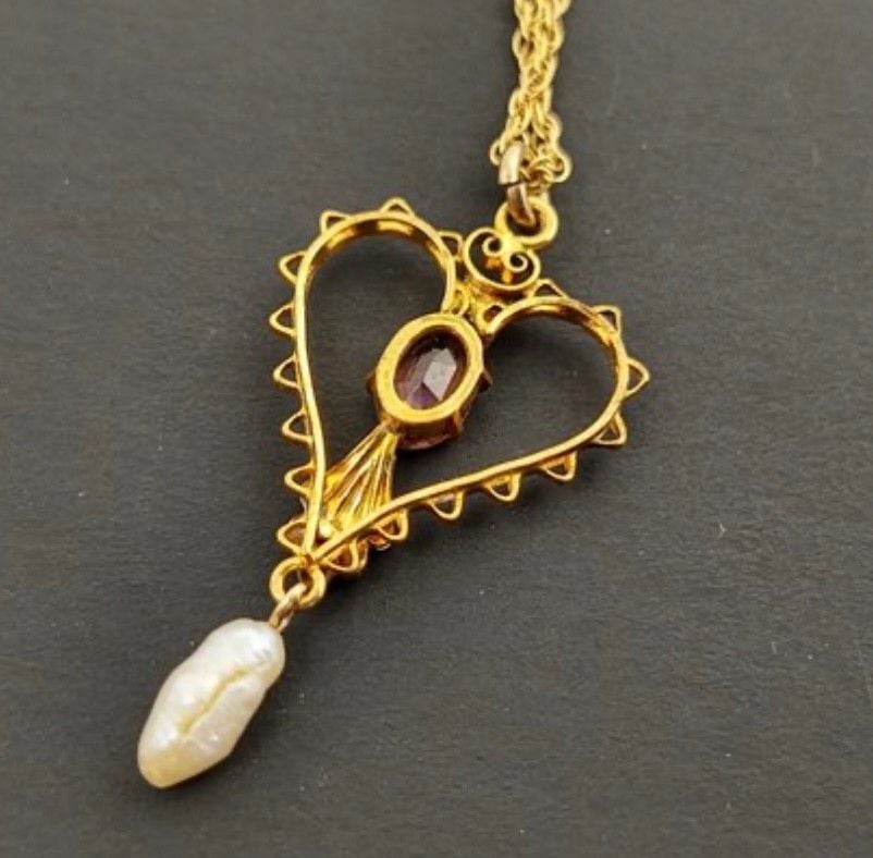 Antique Art Nouveau 12K GF Heart Lavalier Necklace Pink Stone Natural Pearl 4