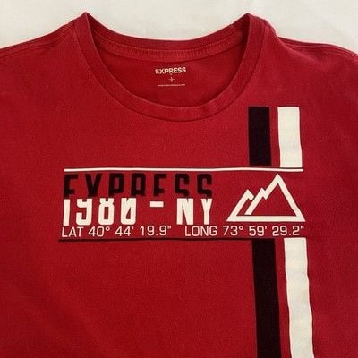 Express Men's Red Crew Neck T-Shirt with Black & White Logo Stripe Size L 3
