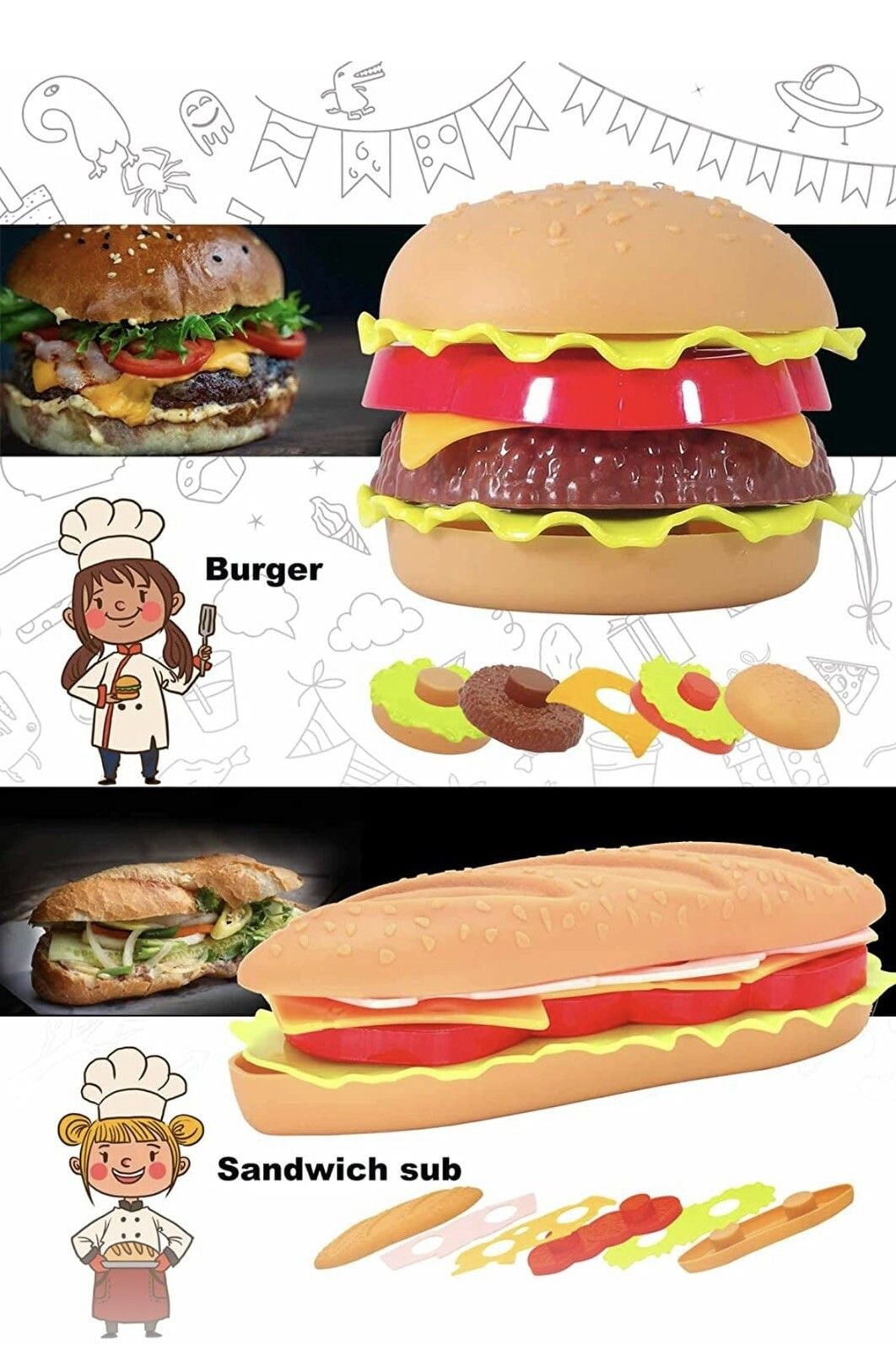 Pretend Play Food Set , Removable Food Toys Burger Combo and Assortment 3