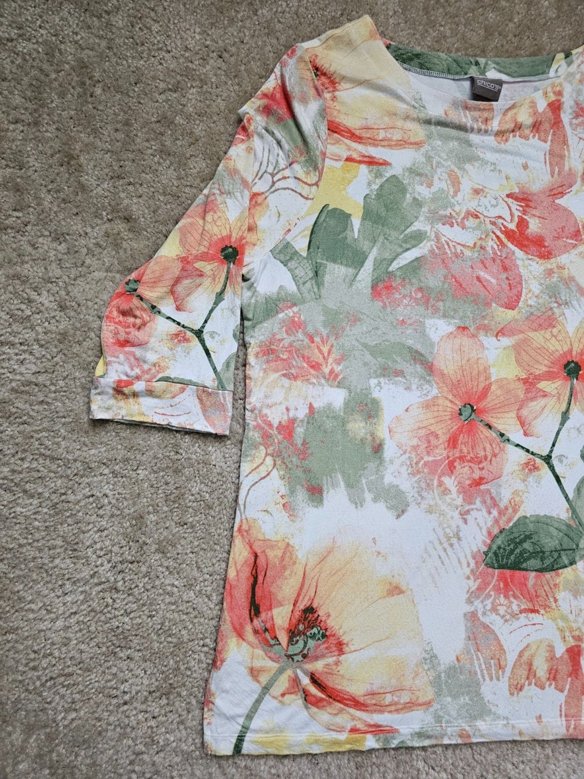 Chico's Women's Size 3 XL Floral Watercolor Tunic Top 3/4 Sleeve Multicolor 3