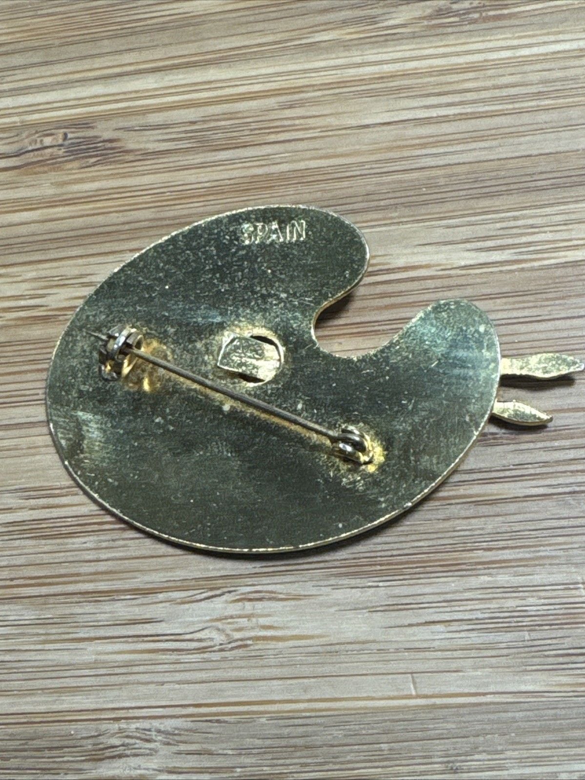 Vintage Gold Paint Palette w/Brushes Brooch Pin Damascene Spain 5