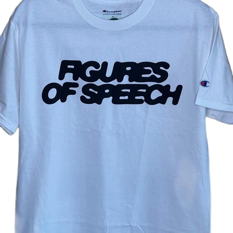 #Champion t-shirt with blurred Figures of Speech front graphic. The Sunroof Of The #Trojan Horse back graphic with #exhibition dates and Brooklyn Museum #logo.
Details: Fluorescent green Abloh tag
Material: 100% #cotton. Brand new with tag 4