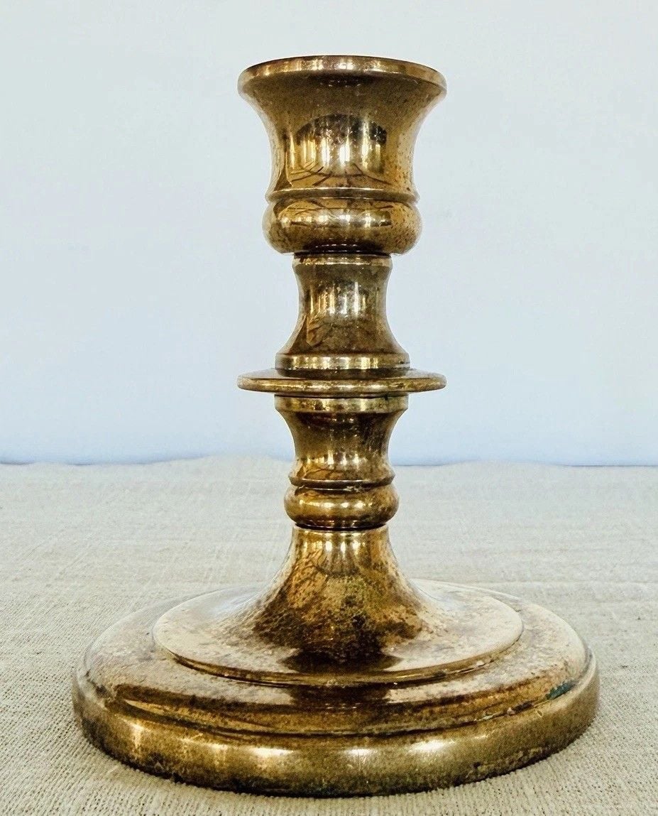 Vintage Solid Brass Candlestick Candle Holder 4” Made in USA Aged Patina 2
