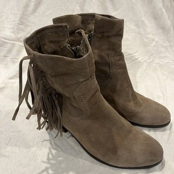 Sam Edelman Womens Louie Taupe Suede Zip Up Fringe Ankle Boots Size 8.5M