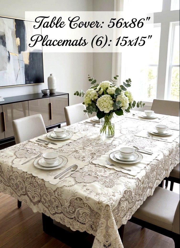 Handmade Dining Table Liner/Cover Set Embroidered Satin Floral Elegant ~7 Piece 1
