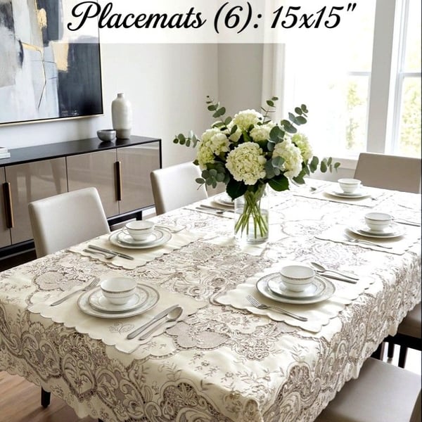 Handmade Dining Table Liner/Cover Set Embroidered Satin Floral Elegant ~7 Piece