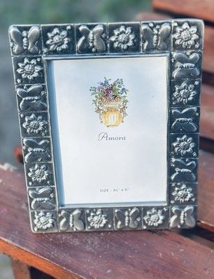 VTG NOS Amora Signed Pewter Butterfly Sunflower Geometric Picture Frame 3.5 x 5” 5