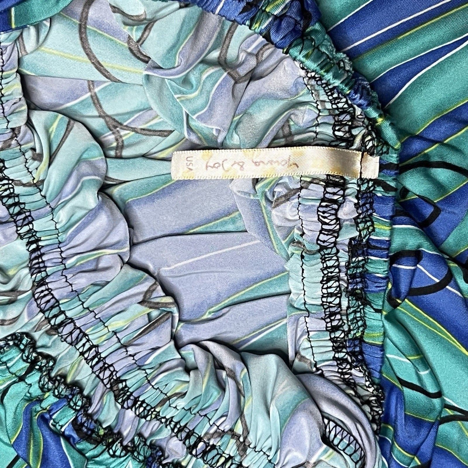 VTG Y2K Young Joy Psychedelic Swirl Print Halter Dress Blue Teal USA S/M 3