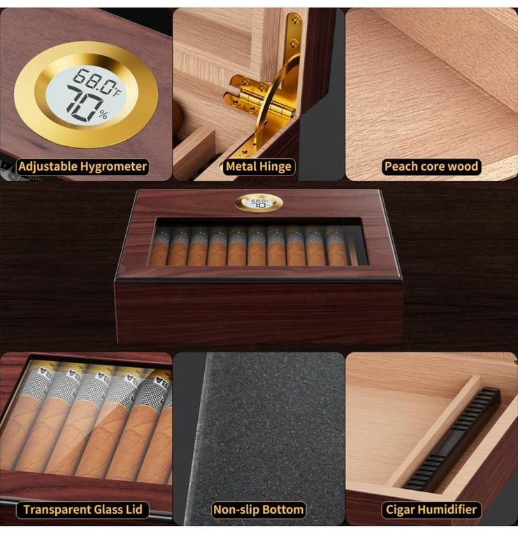 Cigar Humidor, Cigar Case Desktop Box with Humidifier and Accurate Digital Hygrometer,Tempered Glass Top Cigar Humidor Box with Thick Cedar Wood for 1