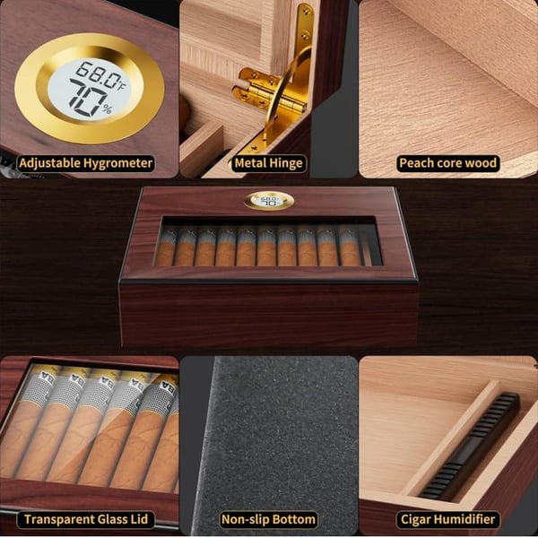 Cigar Humidor, Cigar Case Desktop Box with Humidifier and Accurate Digital Hygrometer,Tempered Glass Top Cigar Humidor Box with Thick Cedar Wood for 