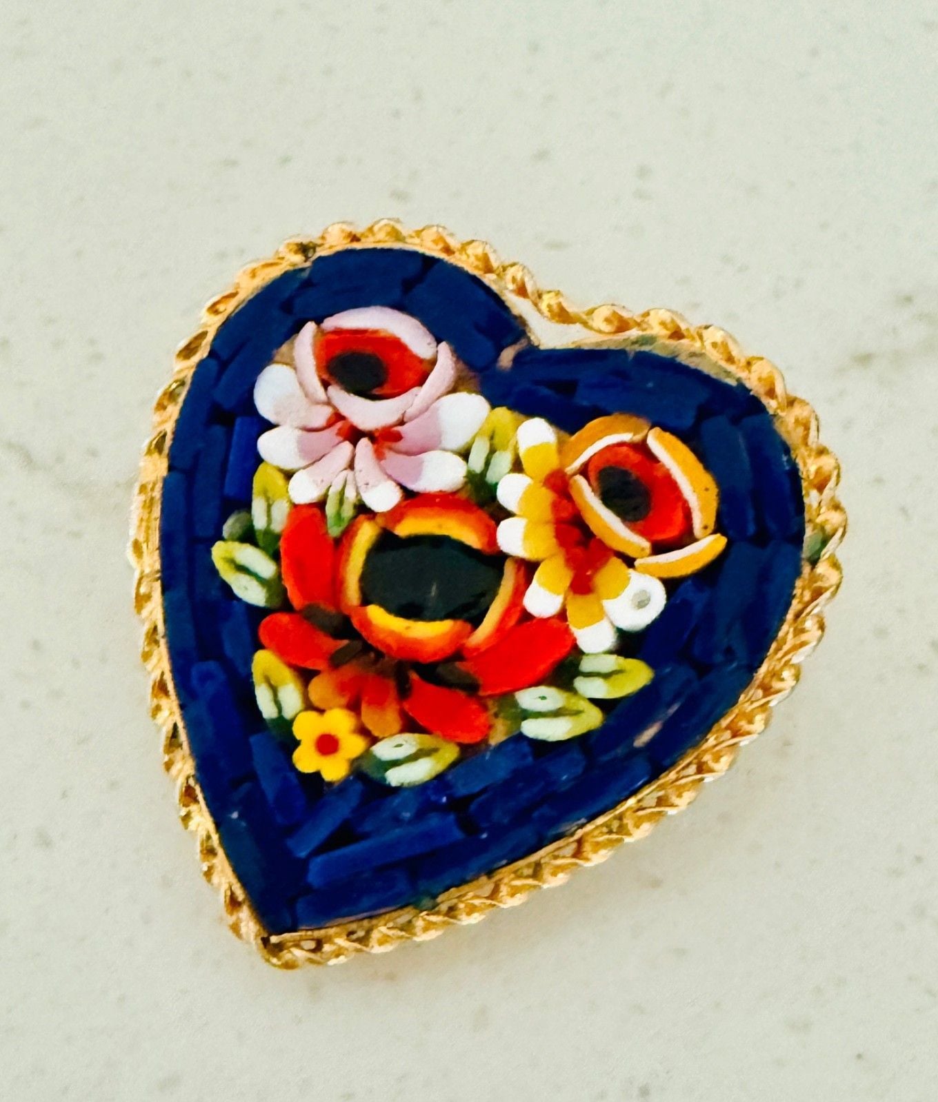 Vintage Italian Micro Mosaic Heart Brooch Floral Gold Tone Pin Made in Italy 3