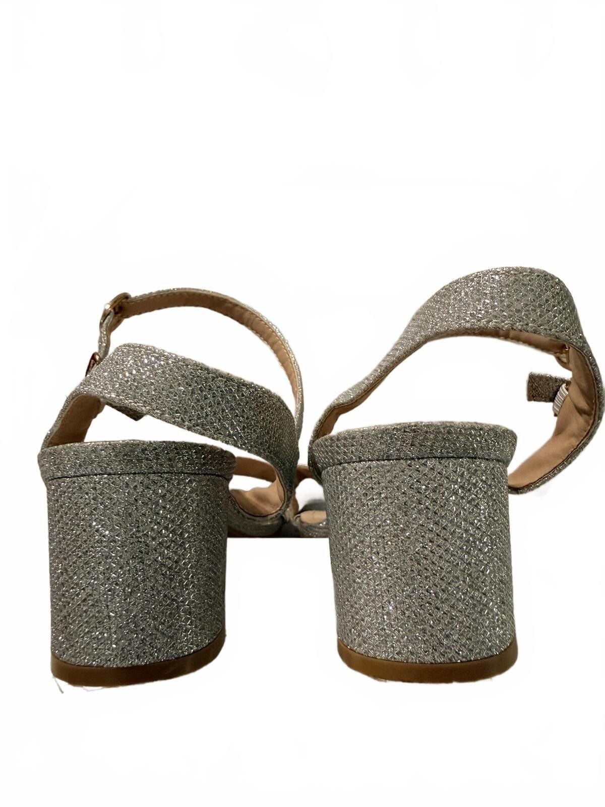 Silver Glitter Ankle Strap Block Heel Sandals, Size 42, USA 10.5 6