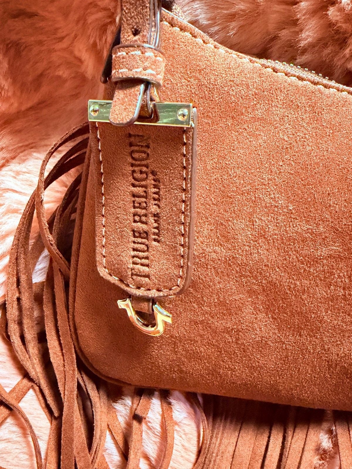 True Religion Brown Suede Fringe Shoulder Bag Adjustable Strap 7