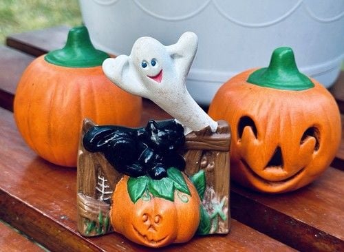 Vintage Halloween Kitschy Hand Painted Ceramic Figurines Spooky Season Set Of 4 14