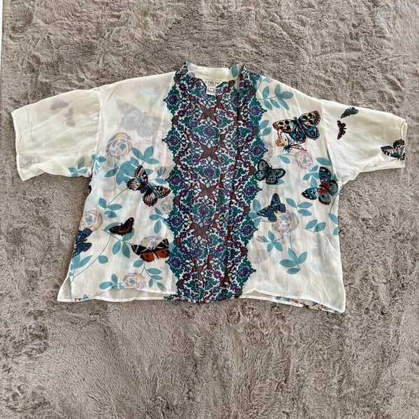 Citron women’s Sz PL 100% silk cardigan kimono top butterfly floral boho garden