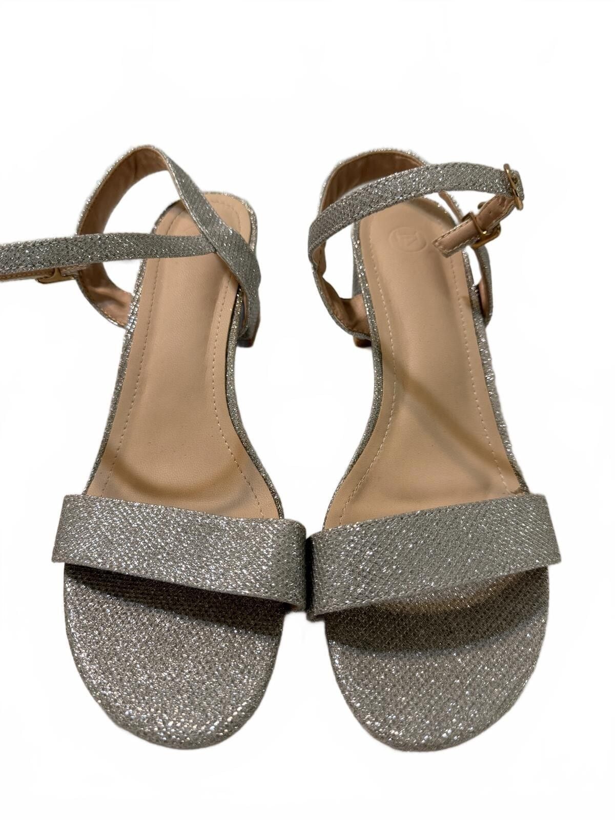 Silver Glitter Ankle Strap Block Heel Sandals, Size 42, USA 10.5 2