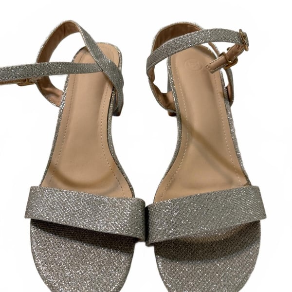 Silver Glitter Ankle Strap Block Heel Sandals, Size 42, USA 10.5