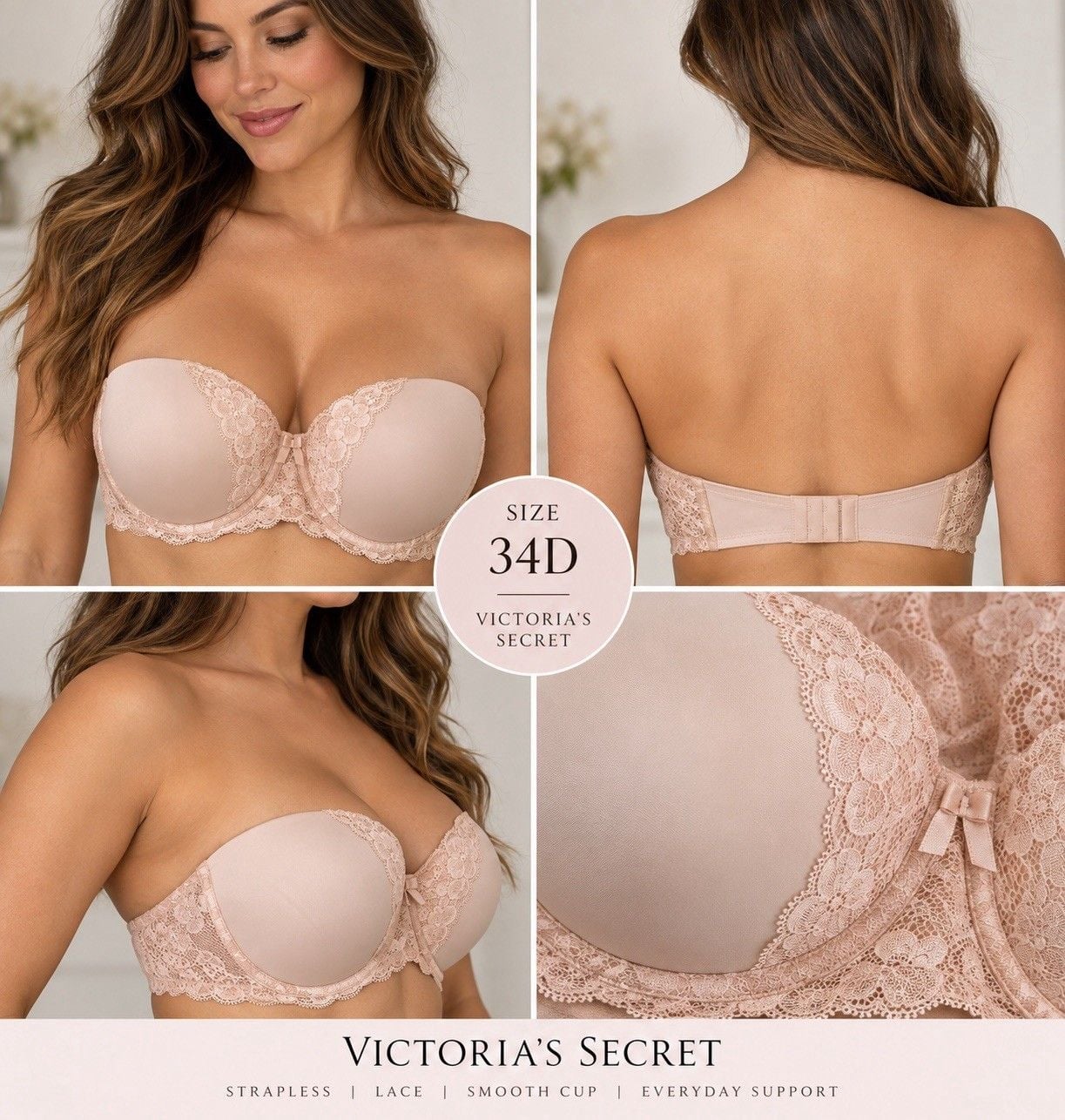 Victoria’s Secret Bra Lot 34D 36C Strapless Push Up Lace Black Nude Bundle 2