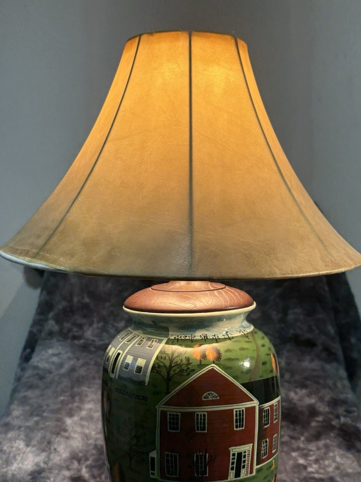 Vintage Ceramic Folk Art Table Lamp Hand Painted Country Farm House Scene 5