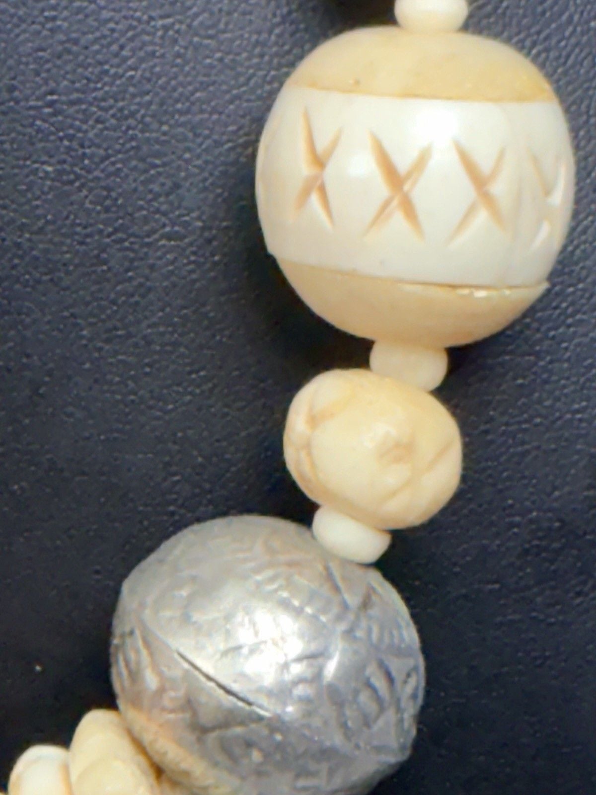Vtg Carved Bovine Bone Necklace Marbled Orange Bakelite Ethiopian Silver Boho 9