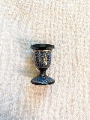 Vintage Kashmiri Paper Machê Candle Holder Hand Painted Lacquer Blue Gold Floral 3