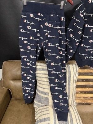 Champion Men’s Blue Logo Fleece Sweatsuit Set Hoodie & Tapered Pants S Top M 9