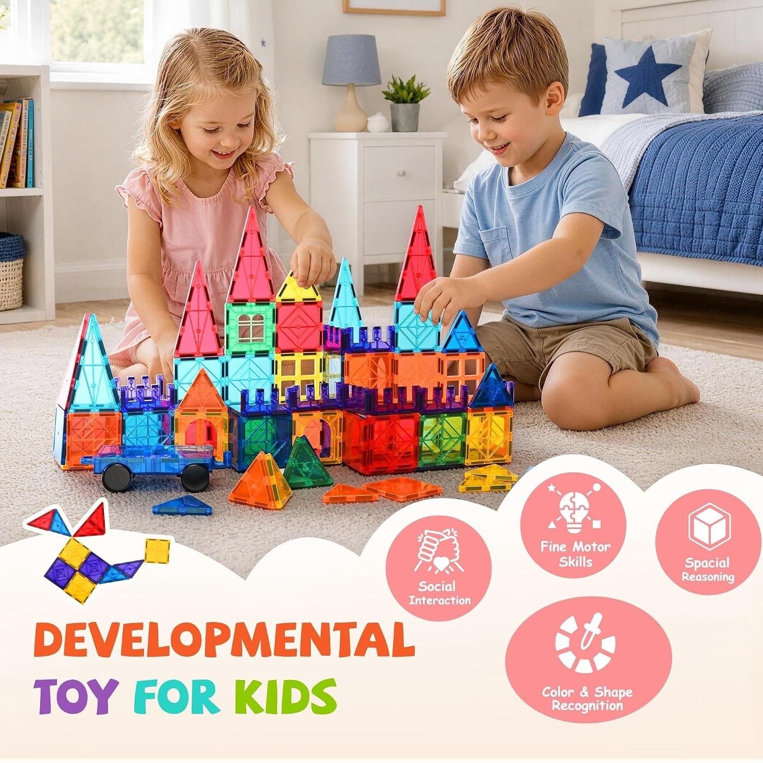 220 Pcs Magnetic Tiles, 3D Magnetic Blocks Set with 2 Cars, STEM Toys 2