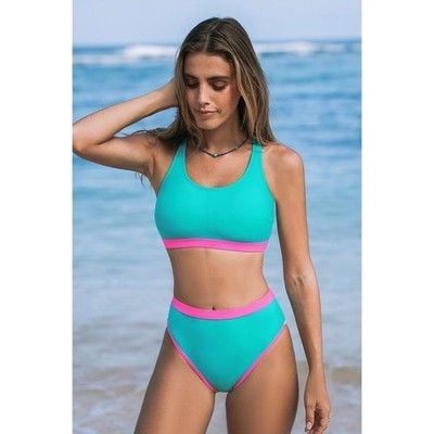 NWT Cupshe Teal and Pink High Waisted Bikini Set Womens Small Colorblock Sporty 4