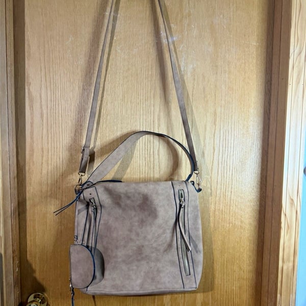 Women’s Beige Suede Crossbody Bag Fringe Tassels Zip + Coin Purse