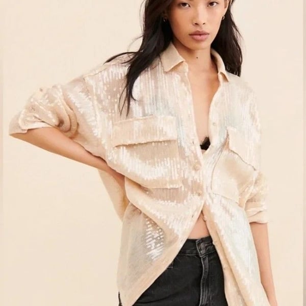 Anthropologie Pilcro Long-Sleeve Oversized Sequin Buttondown Shirt S $158 Glam