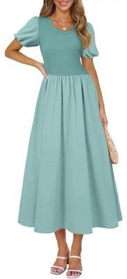AlvaQ Women Dress Spring Summer Puff Sleeve Midi Dress High Waist Ruffle-SIZE L 2