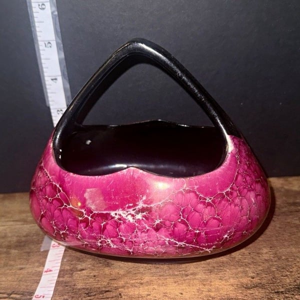 Ceramarte Czechoslovakia Pink Abstract Glossy Ceramic Basket w/ Handle 10"