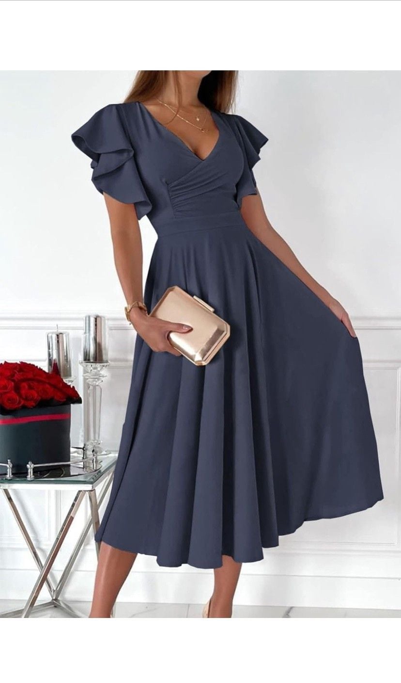 Dokotoo women's V Neck Elegant party Dress Short sleeves skater Dress 14